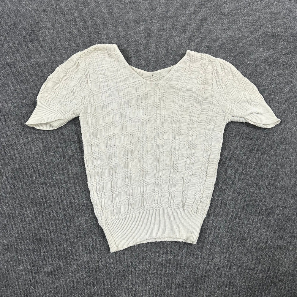 Vintage Sweater Womens Size M Cream Textured Knit Short Sleeve Scoop Neck Retro